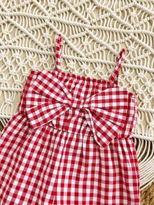 SHEIN LMoss Kids 女宝宝可爱休闲夏季红白格子蝴蝶结装饰连体衣 - 紅色 - 查看 6
