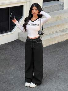SHEIN PETITE Quần jeans nữ đơn sắc tối giản mặc hàng ngày - màu đen - Xem 8