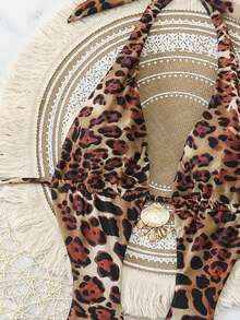 Swim SXY 2pcs Women's Halter Backless Cutout Leopard Print One-Piece Swimsuit With Pleated Mini Skirt Set,Tan,Summer,Casual,Beach,Vacation,Holiday Dress - Multicolor - View 7