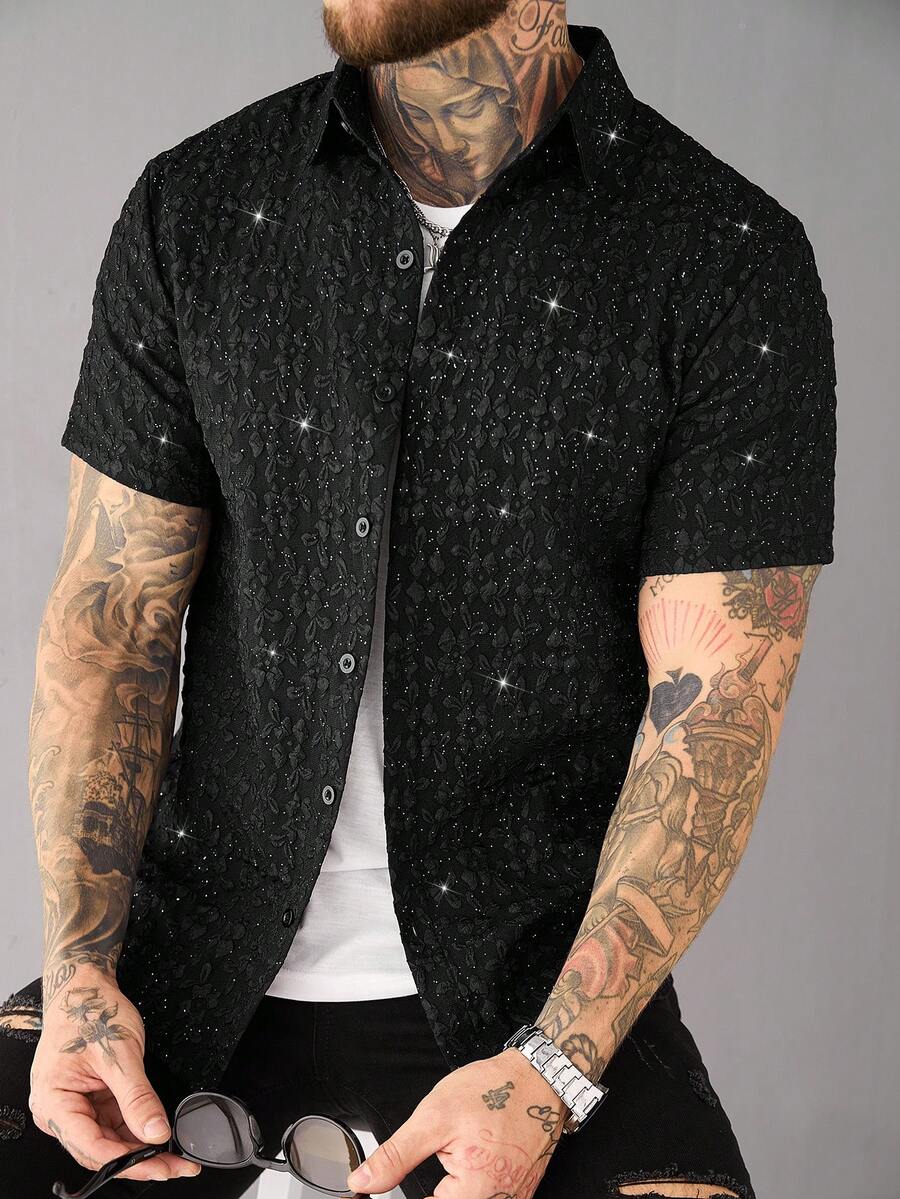 SLATEMANN 男士花卉提花单排扣休闲短袖衬衫 - 黑色 - 查看 1