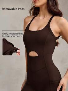 OutZeal Women Sports Black Jumpsuits Gym Workout Wear Summer Sweat Wicking Bra-In Cut-Out Back Knotted Romper - Brown - View 5