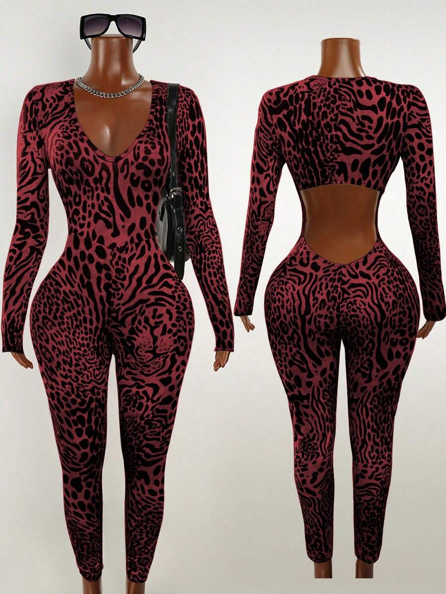 Mistrie Autumn New Vintage Casual Leopard Print Sexy V-Neck Fitted Long Sleeve Jumpsuit For Women Zebra Print Outfit Women Zoo Outfits Women - Burgundy - View 1