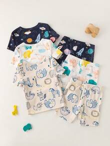 SHEIN GraphicGems Bộ 6 món đồ liền thân ngắn tay, cổ tròn, in hình hoạt hình, chất liệu mềm mại, thoải mái cho bé trai sơ sinh/trẻ nhỏ. - Nhiều màu - Xem 2