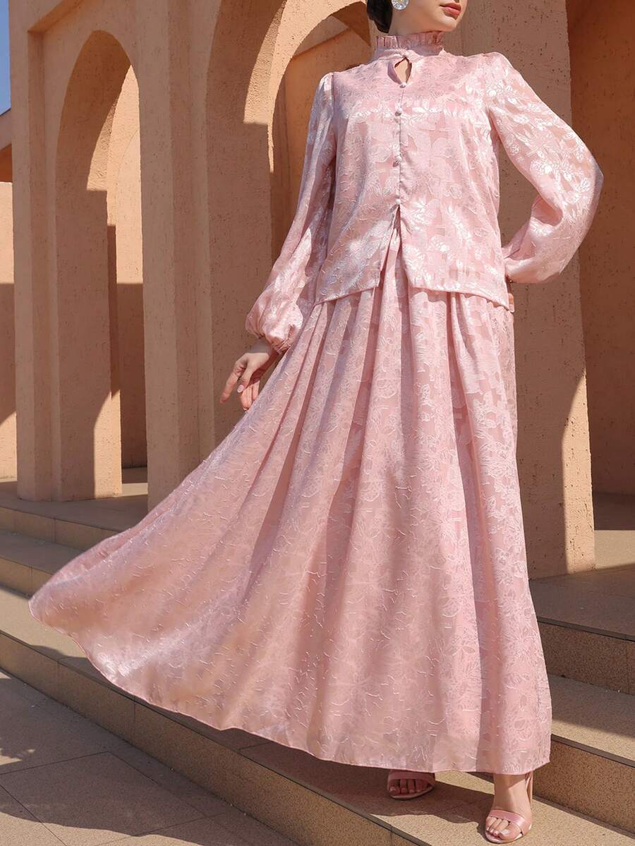 Graceveil 女士优雅镂空长袖立领上衣和裙子套装，粉色 - 粉色 - 查看 1