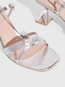 CUCCOO SZL Women's Square Toe Criss-Cross Strap Sandals, Asymmetric Chunky Heel, Fashion High Heels Prom Heels Summer Shoes - Silver - View 5