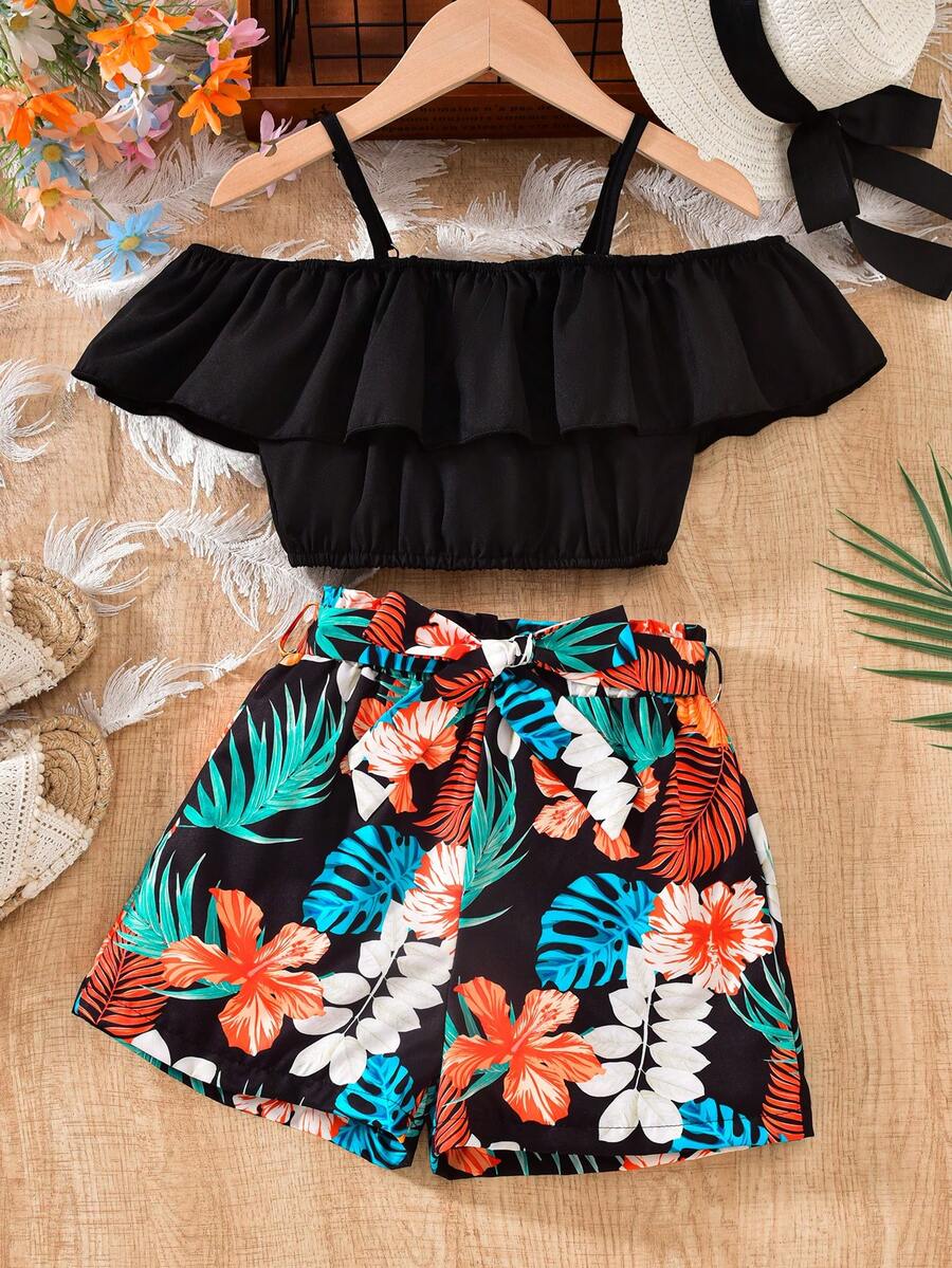 Sparklyn 2pcs Tween Girls Orange Off-Shoulder Crop Top & Tropical Leaf Print Shorts Set, Spring/Summer Holiday - Black - View 1