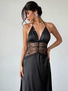 Firerie Đầm satin ren phối họa tiết đuôi cá dành cho nữ, thanh lịch, tinh tế, lãng mạn, trang nhã, tối giản, thích hợp đi làm hàng ngày, dự tiệc Valentine, đám cưới, lễ hội. - màu đen - Xem 7