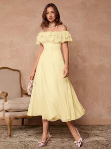 Enchnt 女士露肩荷叶边下摆纯色中长连衣裙 - 黃色 - 查看 4