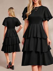 Vestido de mujer de unicolor con cuello redondo, dobladillo con volantes y capas - Negro - Ver 6