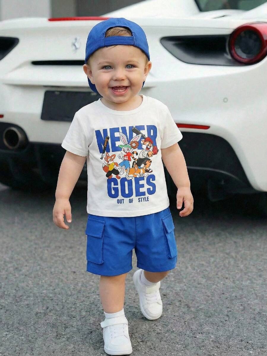 2pcs/Set Baby Boy Summer Cute Casual Knit Cartoon Rabbit Print Short Sleeve T-Shirt And Relaxed Shorts Set Baby Boy Summer Outfit Blue Shorts - Multicolor - View 1