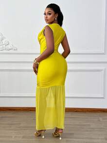 Xyvia Elegant Urban Chic New Women's Spring/Summer Bright Yellow Silk Draped V-Neck Sleeveless Mesh Splice Fitted Mid-Length Dress, Suitable For Daily Wear, Weddings, Galas, Commuting, Graduations, Holidays, Dates, Parties, Halloween, Christmas, New Year, Thanksgiving, Weddings - Yellow - View 2