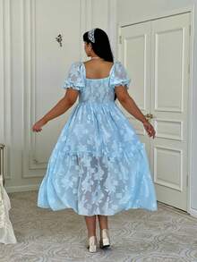 Lyrianda Vestidos formales de mujer con mangas abullonadas, cintura ceñida y decoración de lazo en estilo jacquard texturizado de chifón francés elegante, para primavera, verano y vacaciones - Azul - Ver 3