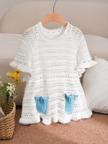 CosyJoli Plus Size Ruffled Hollow-Out Knitted Blouse - Beige - View 6
