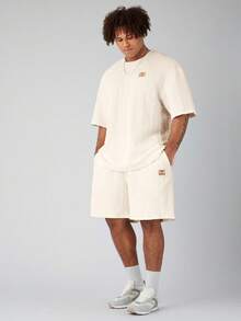 Manfinity VCAY 2pcs/Set Plus Size Men's Knit Casual Loose Drop Shoulder Short Sleeve T-Shirt And Drawstring Waist Straight Leg Shorts Set, Suitable For Summer - Apricot - View 6