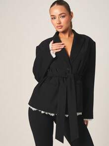 MISSGUIDED Contrast Lace Hem Double Breasted Blazer With Belt Professional Office Wear Formal Business Jacket Fall Winter Outerwear - Black - View 1