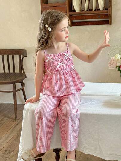 SHEIN LMoss Kids 两件套少女纯色梭织吊带背心和宽松休闲裤套装