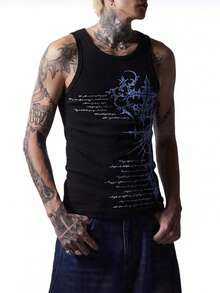 ROMWE MEN Men's Round Neck Sleeveless Fashion Printed Gothic Print Tank Top - Black - View 1