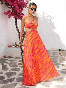 Vivid Eden 女士露背镂空A字休闲印花度假连衣裙 - 橘色 - 查看 5