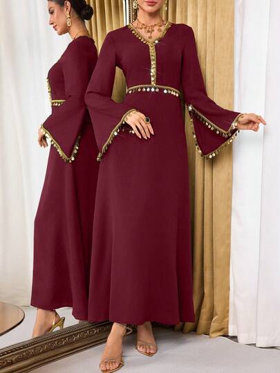 Al Najma Đầm xẻ tay thanh lịch đính sequin tua rua dành cho nữ, mùa thu