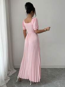 Elenzga Women's Elegant Solid Color Square Neck Pleated Dress - Pink - View 2
