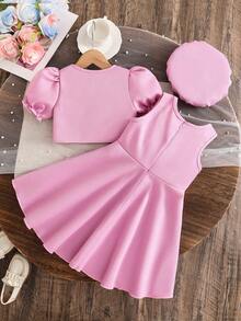 SHEIN Young Girl Floral 3D Petal Sleeve Jacket And Solid Color Dress, Suitable For Daily Outings, Gatherings And Parties - Pink - View 2