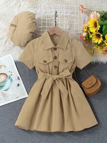 SHEIN Elladie kids Young Girl Solid Color Button Front Belted Short Sleeve Dress + Hat - Khaki - View 6
