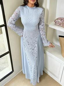 Modelyn 女士蕾丝拼接立领荷叶边下摆优雅长袖中长连衣裙 - 藍色 - 查看 1