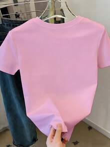 SHEIN EZwear 女士休闲标语和雏菊印花短袖圆领 T 恤 - 淺粉色 - 查看 2