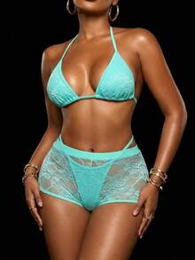 Swim SXY 3pcs/Set Lace Halter Top, Thong Panty, And Short Cover-Up Swimwear Set For Women, Spring/Summer - Mint Green - View 2