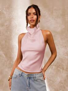 SHEIN BAE Apricot Backless Draped Neck Women's Tank Top, Sexy & Elegant, Spring/Summer,Summer Top - Coral Pink - View 4