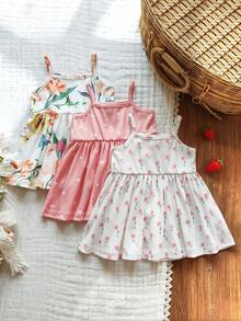 SHEIN Vintaside Kids 新生女宝宝夏季白色橙色碎花吊带连衣裙三件套，舒适可爱，居家礼物 - 彩色 - 查看 2