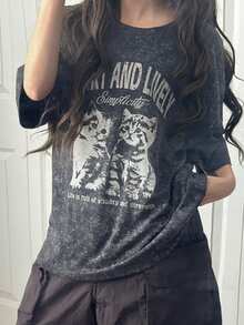 FRIFUL Women's Casual Fashionable Street Chic Daily Commute Cat Slogan Print Washed Loose Blouse, Summer - Grey - View 5