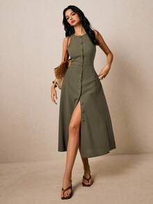 Poéselle Solid Color Front Button Crew Neck Casual Sleeveless Dress Sage Dress Women Womens Midi Dress Army Green Dress Women Khaki Dress Women Olive Dress - Army Green - View 3