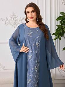 Al Najma Vestido elegante de estilo árabe de mujer talla grande con parches y bordado 3D en gasa - Multicolor - Ver 5