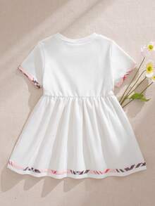 Souflis Souflis French Summer New Fashion White Round Neck Short Sleeve Dress With Delicate Plaid Decor, Suitable For Casual, Shopping, School And Other Occasions, Girls Dress White Dress For Babies Babies Clothes For Girls Baby Girl White Dress - White - View 5