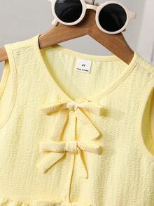 SHEIN Young Girl Summer Casual Sleeveless Shirt With Bow Decor - Yellow - View 4