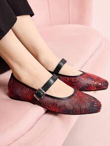CUCCOO DOLLMOD Women's Shoes Mesh Embroidery Decorative Flat Bottom Mary Jane - Rouge Casaque - View 4