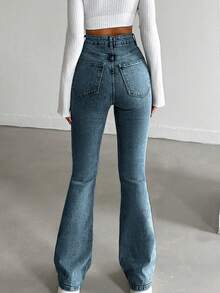 SHEIN Women's Casual Everyday Washed Flared Jeans With Slant Pockets - Dusty Blue - View 2