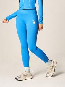 Missguided x Playboy Cross Over Waist High Rise Full Length Sports Leggings With Logo Detail Athletic Fitness Wear - Blue - View 1