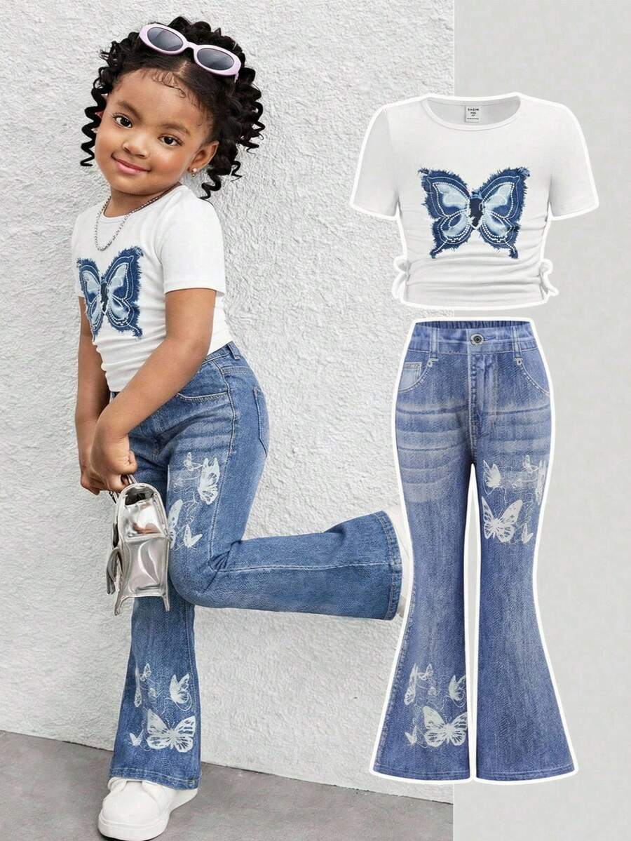 Young Girl Fashion Knit White Round Neck Butterfly Print Short Sleeve Knit T-Shirt And Faux Denim Print Flare Pants Set - Blue - View 1