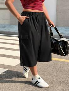 Muchica Plus Size Women's Black Solid Color Elastic Waist Pockets Casual Cargo Capri Pants,Summer Everyday Versatile For Daily Wear,Spring Break, - Black - View 5