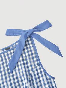 SHEIN MOD Đầm không tay cổ tròn kẻ caro đỏ với nơ trang trí và chân váy xòe, thích hợp cho dịp Giáng sinh và Năm mới. - Màu xanh nhạt - Xem 4