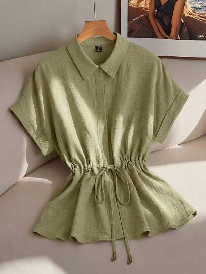 Franclia 大码女装春夏法式优雅奢华简约高端休闲波西米亚风度假/职场百搭柔软纯色亚麻质感衬衫领隐形门襟落肩袖口翻边腰部抽绳束腰喇叭下摆短袖衬衫