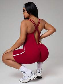 SHEIN Sports 大码女式露背交叉设计连体衣 - 玫紅色 - 查看 4