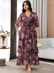 Modelyn Plus Size V-Neck Floral Print Ruched Waist Elegant Party Christening Guest Evening Formal Wedding Dress Burgundy Autumn Fall - Multicolor - View 7
