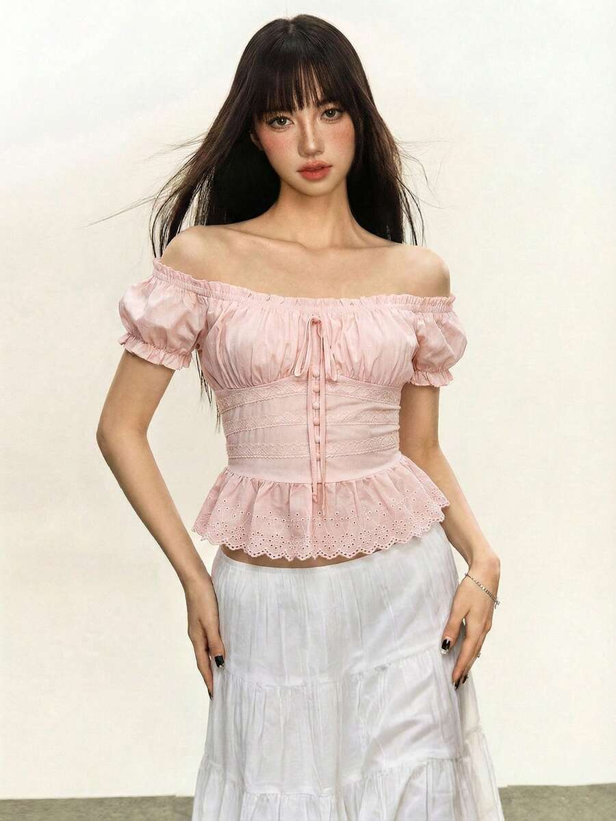 Rina Fox Áo kiểu nữ mùa hè 2026 trễ vai, xếp ly, ôm sát, phong cách thanh lịch cho kỳ nghỉ. - Hồng - Xem 1