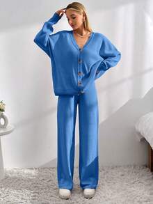 EURMUSE 落肩开衫 & 前系带针织裤 - 藍色 - 查看 4