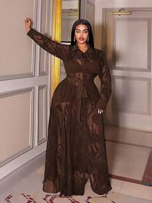 Maweii Vestido elegante y sexy de talla grande con estampado jacquard y transparencias - Marrón - Ver 4