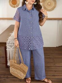 Lacomfia Ensemble 2 pièces grande taille couleur unie manches courtes patchwork dentelle décontracté femme été - Bleu azur - Voir 3