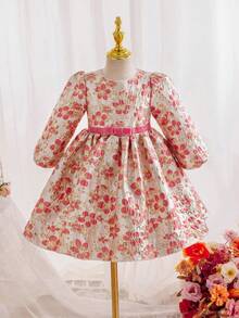 SHEIN Glamorique Kids 女童公主裙，长袖，粉色花朵提花面料，蝴蝶结，质感面料，高贵优雅，中东、欧美风格，华丽裙摆，婚礼、节日、派对、舞会礼服、优雅派对礼服 - 粉色 - 查看 11